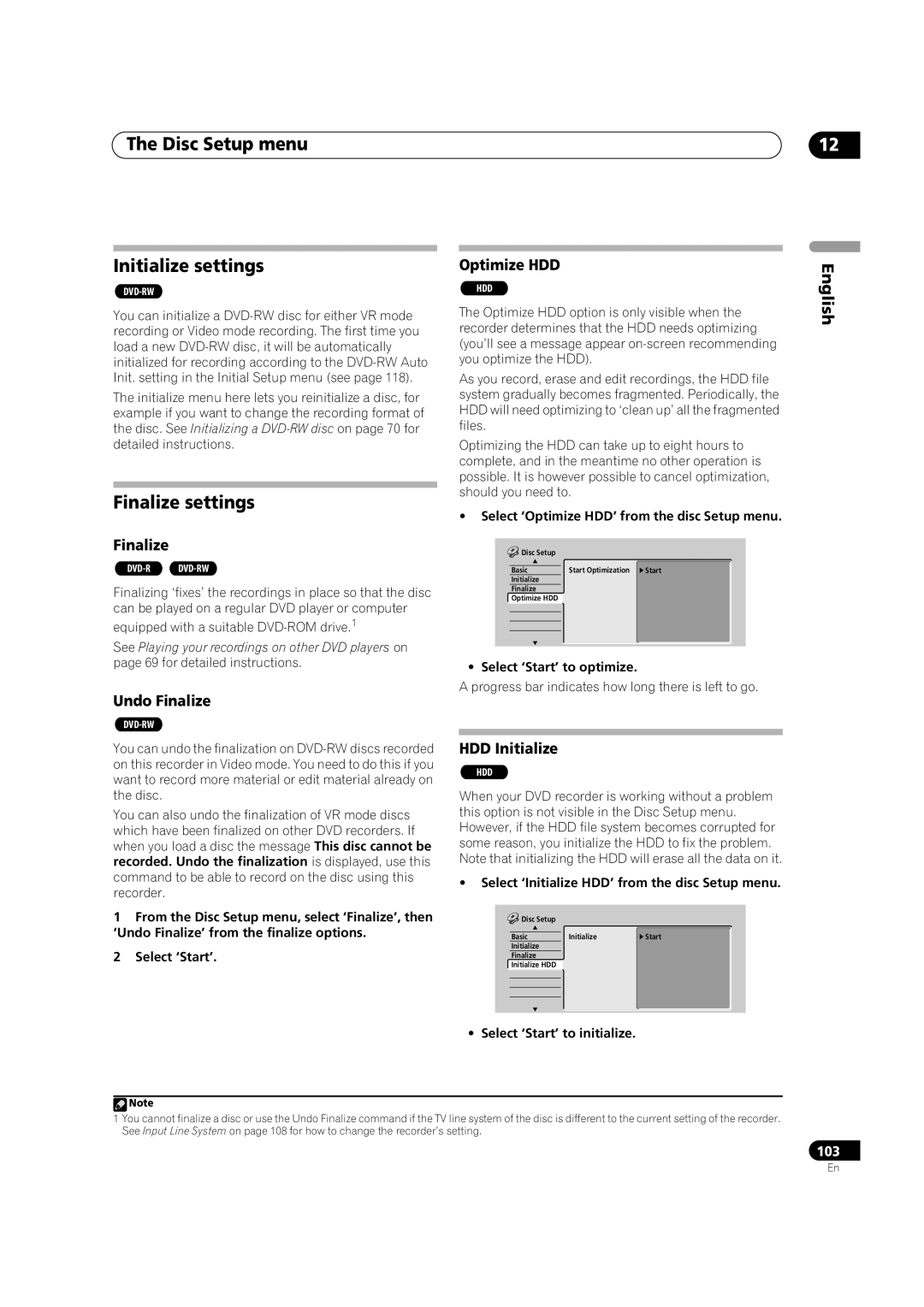 Pioneer DVR-920H operating instructions Disc Setup menu Initialize settings, Finalize settings 