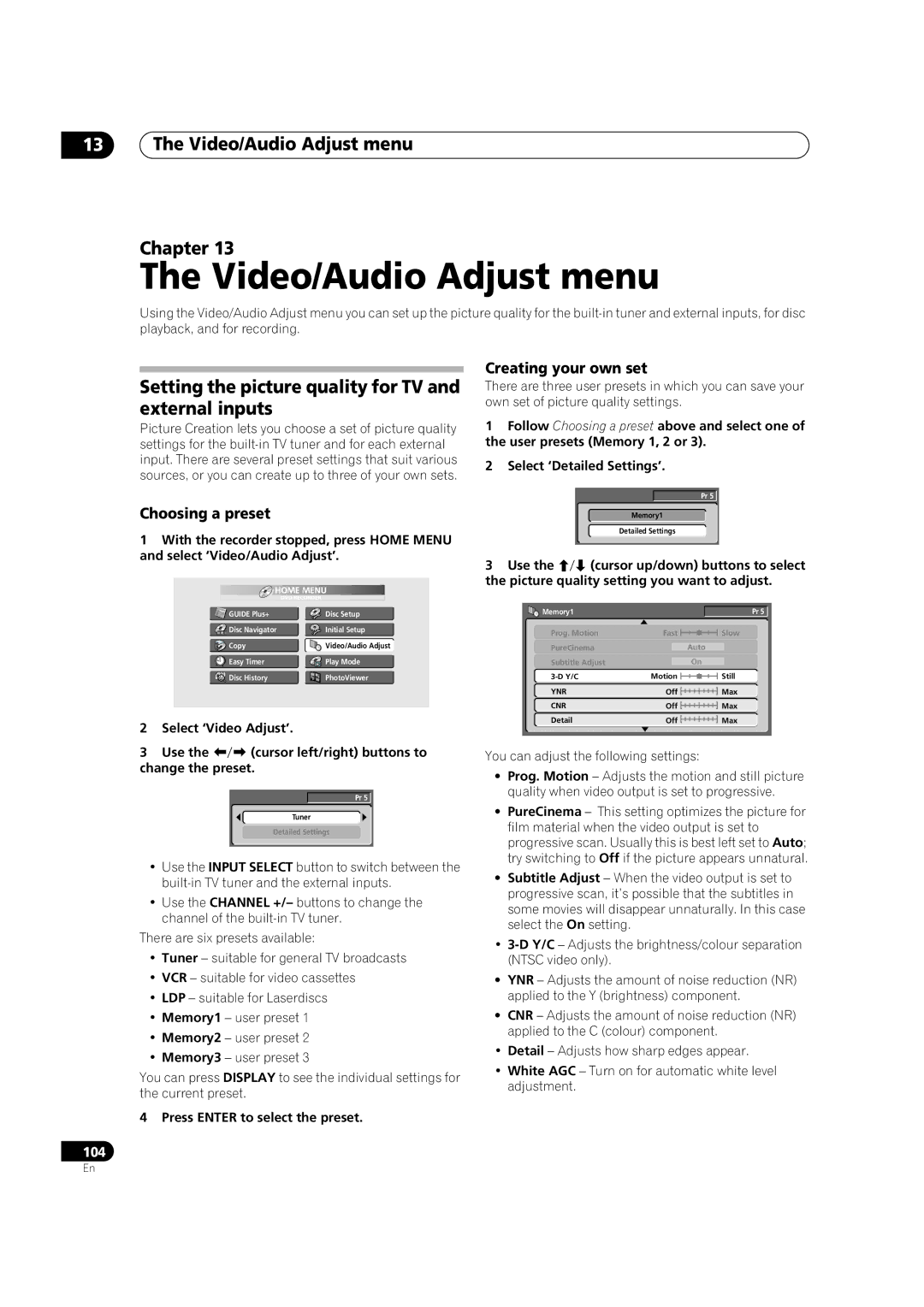 Pioneer DVR-920H Video/Audio Adjust menu Chapter, Setting the picture quality for TV and external inputs 