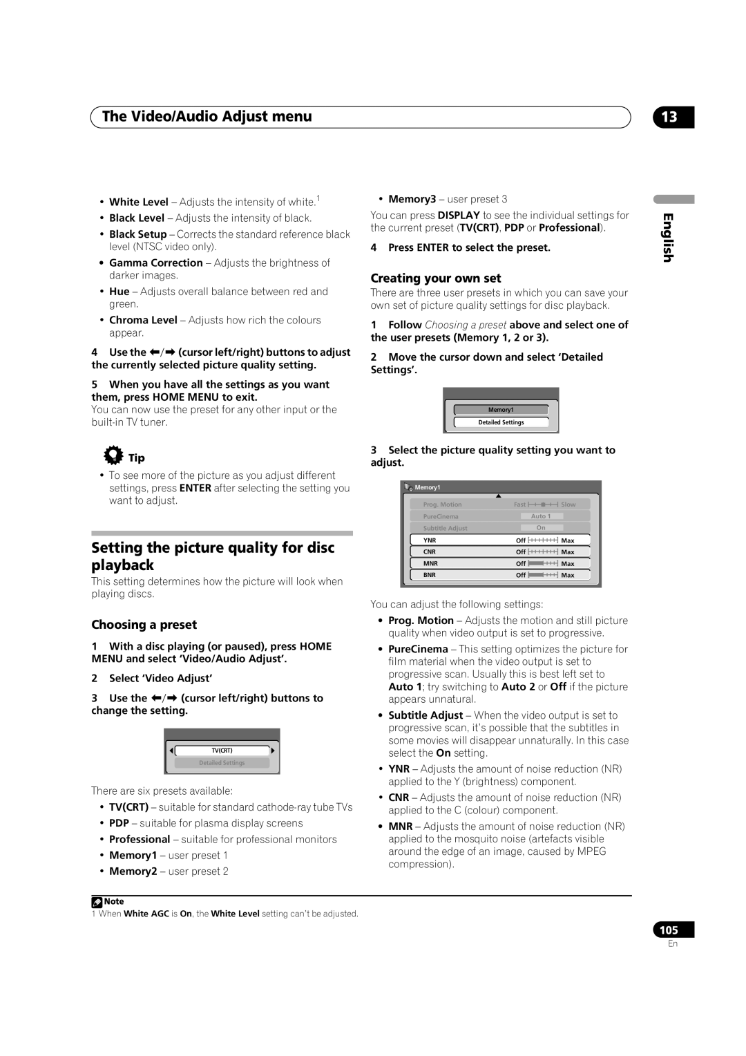 Pioneer DVR-920H operating instructions Video/Audio Adjust menu, Setting the picture quality for disc playback 