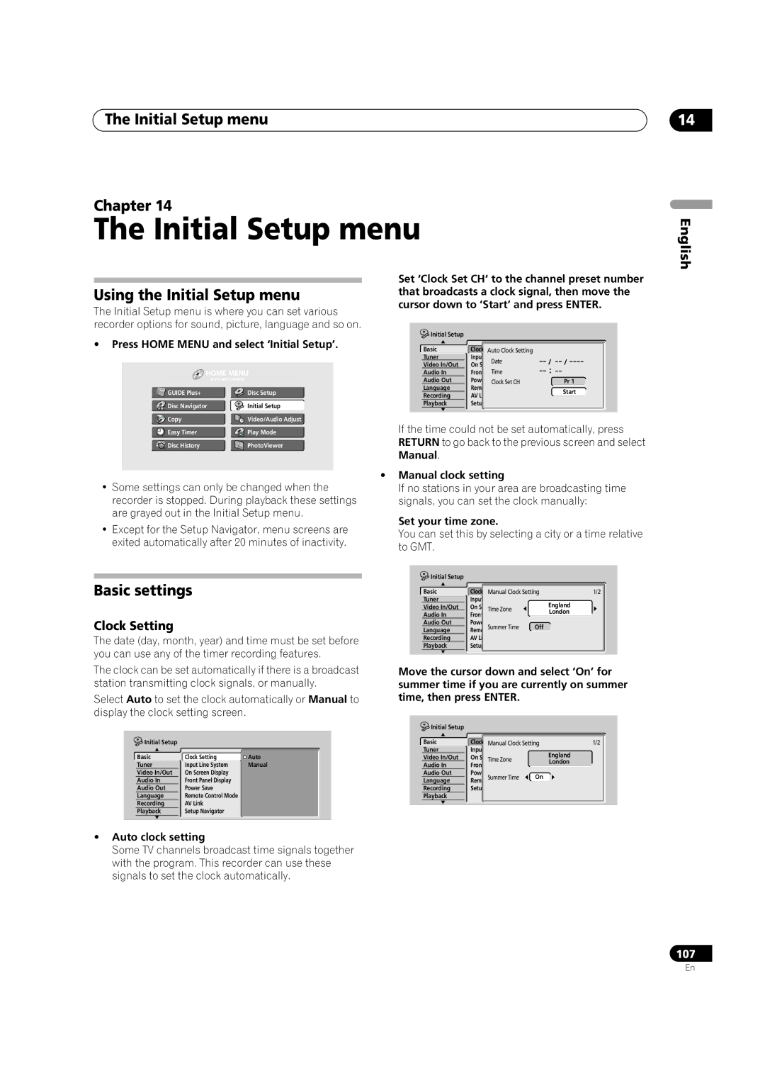 Pioneer DVR-920H operating instructions Initial Setup menu Chapter, Using the Initial Setup menu, Clock Setting 