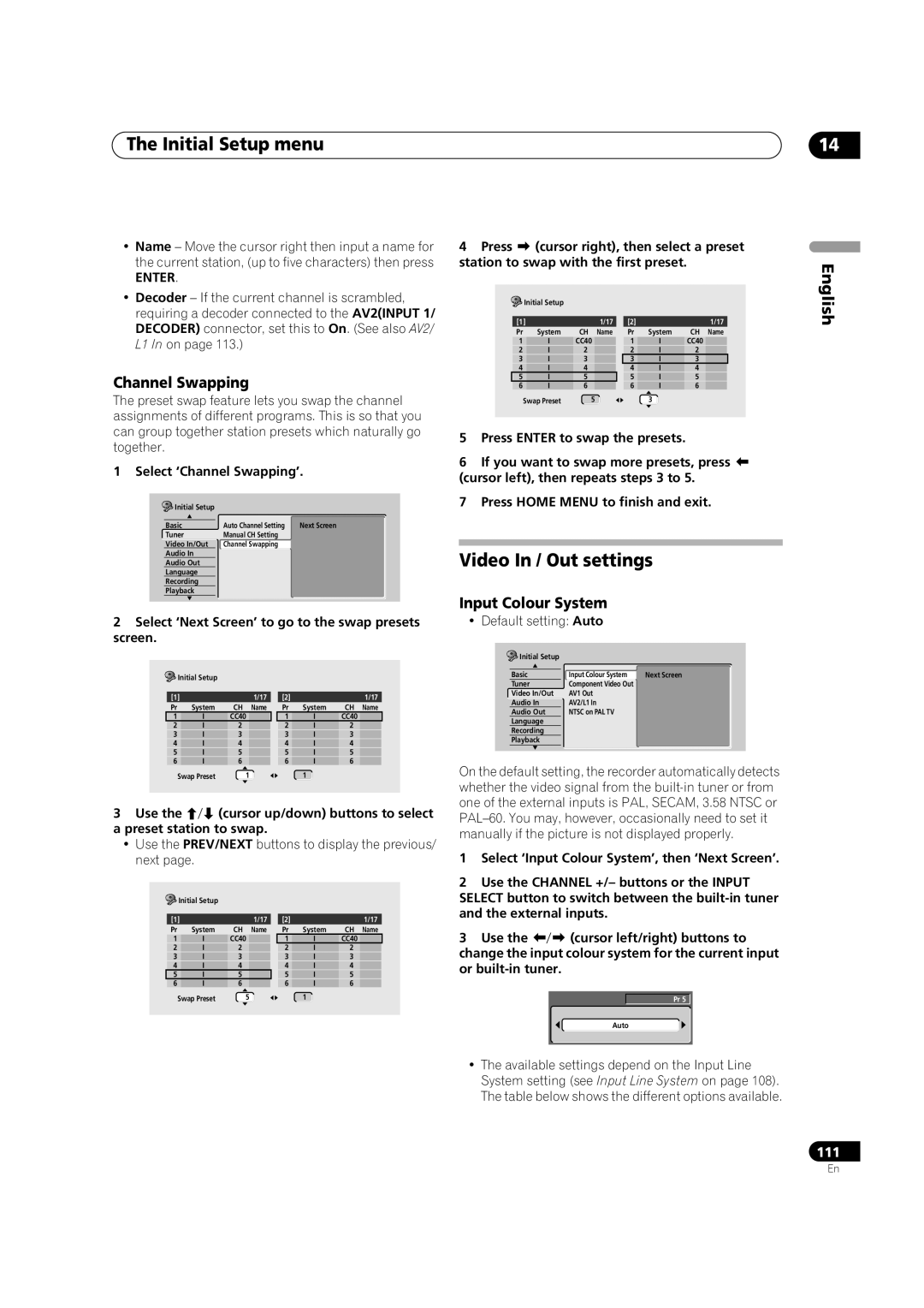 Pioneer DVR-920H operating instructions Video In / Out settings, Channel Swapping, Input Colour System 