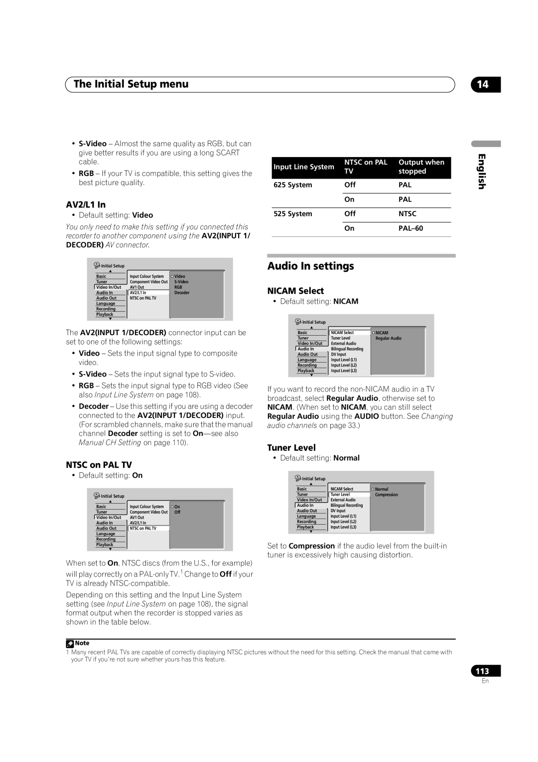 Pioneer DVR-920H operating instructions Audio In settings, AV2/L1, Ntsc on PAL TV Nicam Select, Tuner Level, Pal 