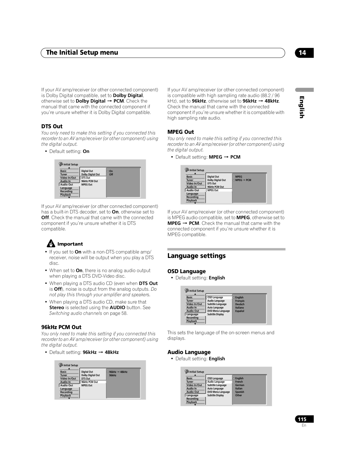 Pioneer DVR-920H operating instructions Language settings 