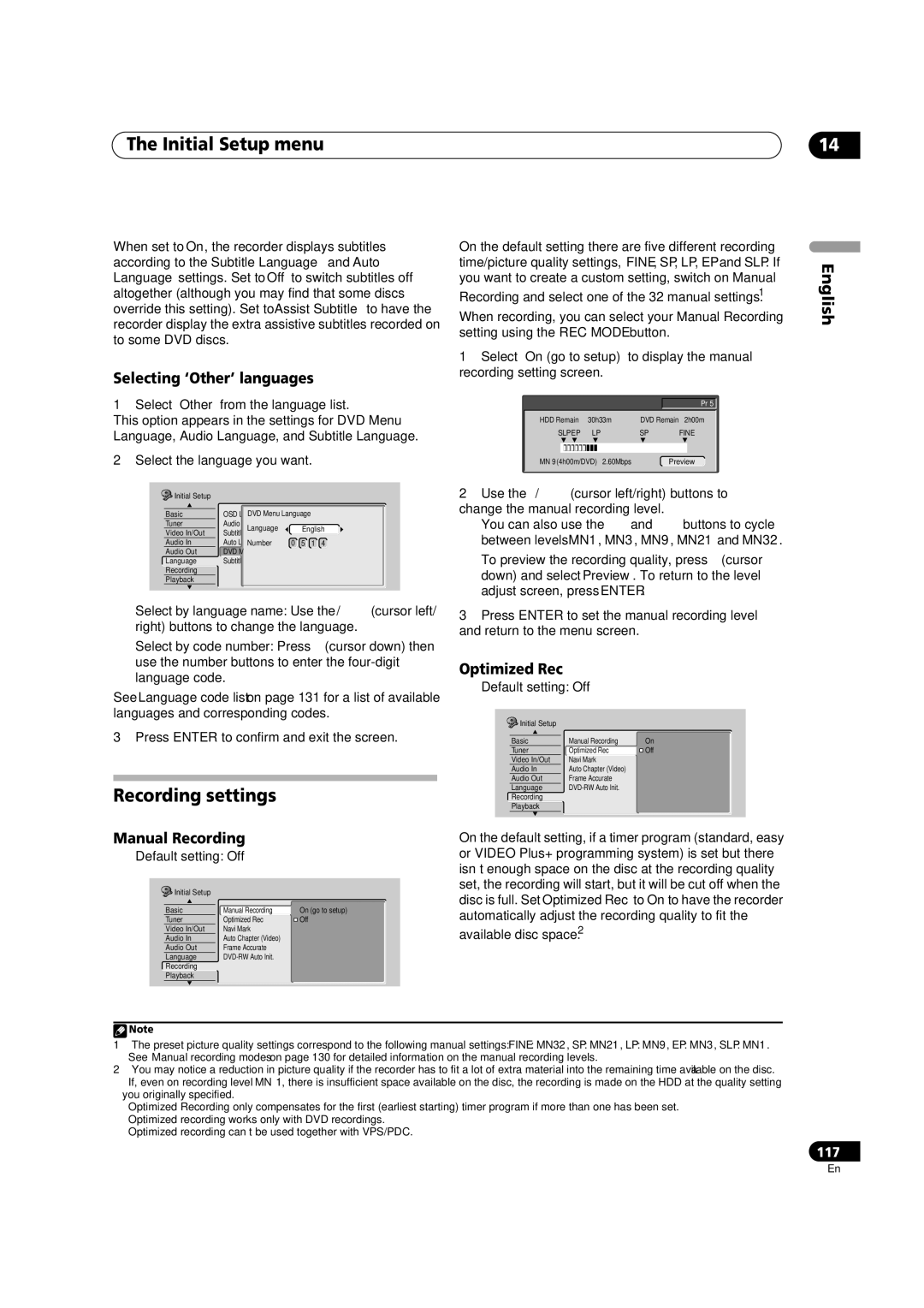 Pioneer DVR-920H operating instructions Recording settings, Selecting ‘Other’ languages, Manual Recording, Optimized Rec 