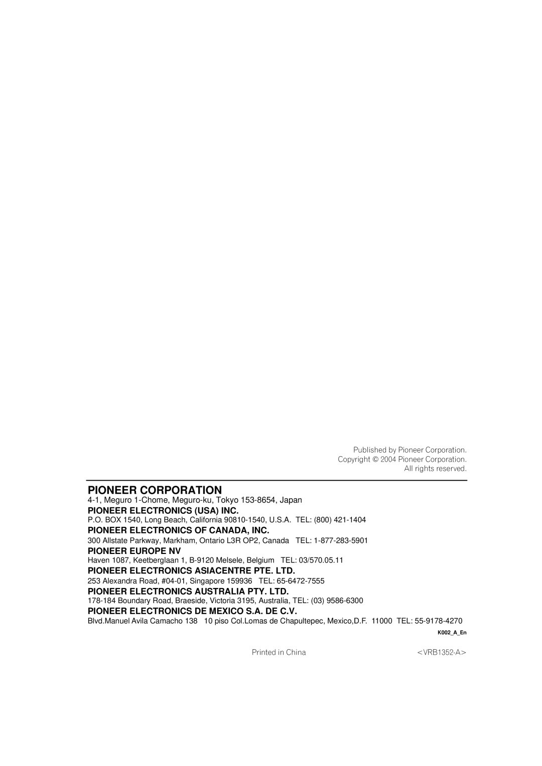 Pioneer DVR-920H operating instructions BOX 1540, Long Beach, California 90810-1540, U.S.A. TEL 800, VRB1352-A 