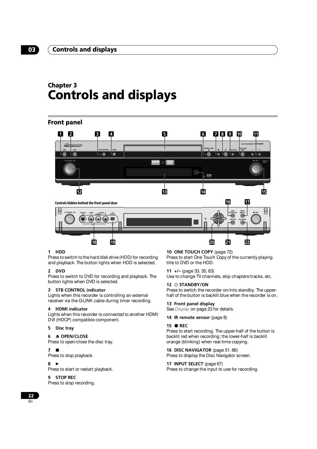 Pioneer DVR-920H operating instructions Controls and displays Chapter, Front panel 