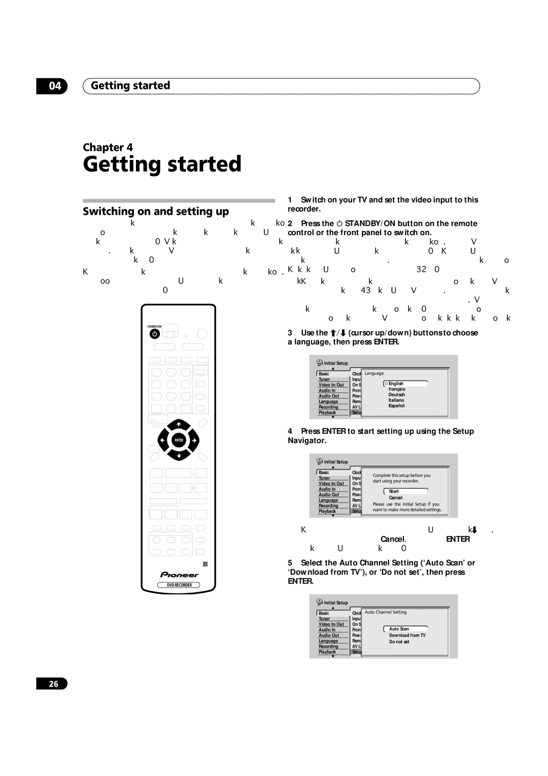 Pioneer DVR-920H operating instructions Getting started Chapter, Switching on and setting up, Enter 