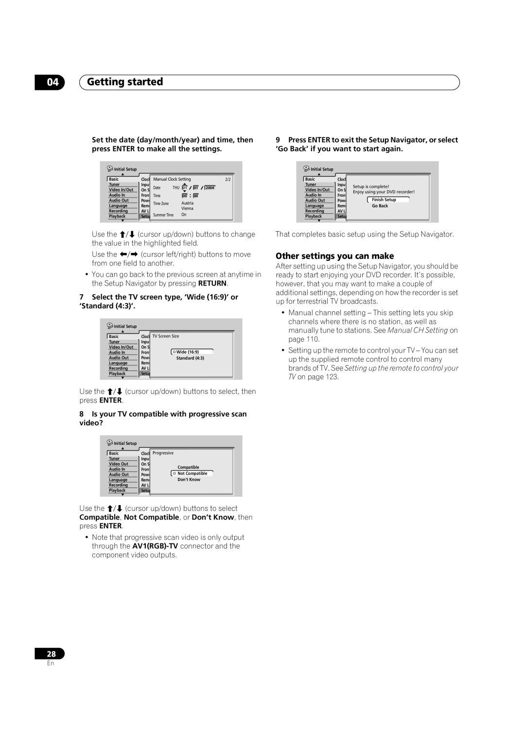 Pioneer DVR-920H operating instructions Other settings you can make, Select the TV screen type, ‘Wide 169’ or ‘Standard 43’ 