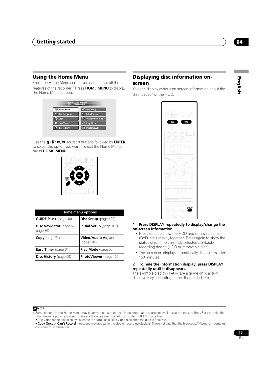 Pioneer DVR-920H Getting started Using the Home Menu, Displaying disc information on- screen, Home menu options 