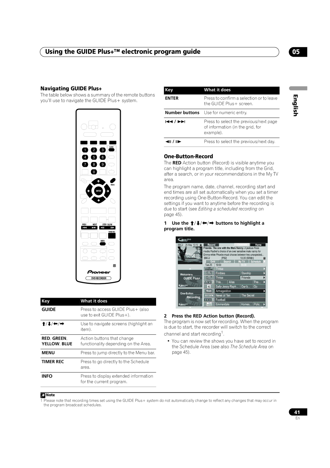 Pioneer DVR-920H Using the Guide Plus+ electronic program guide, Navigating Guide Plus+, One-Button-Record 