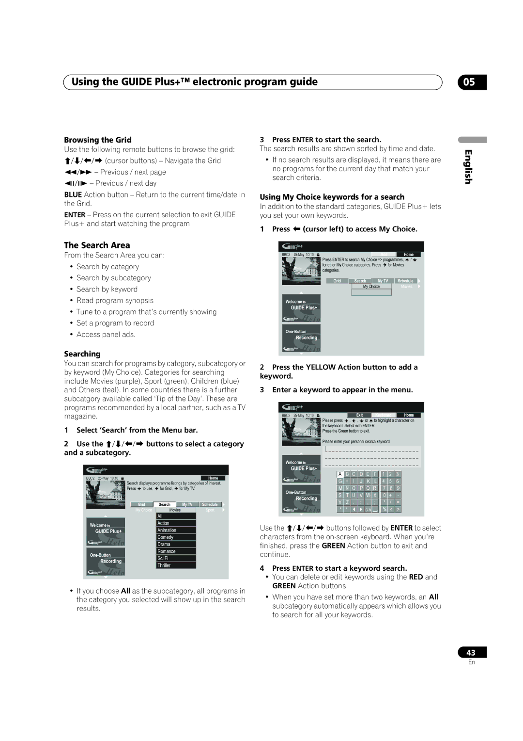 Pioneer DVR-920H operating instructions Search Area, Browsing the Grid, Using My Choice keywords for a search, Searching 