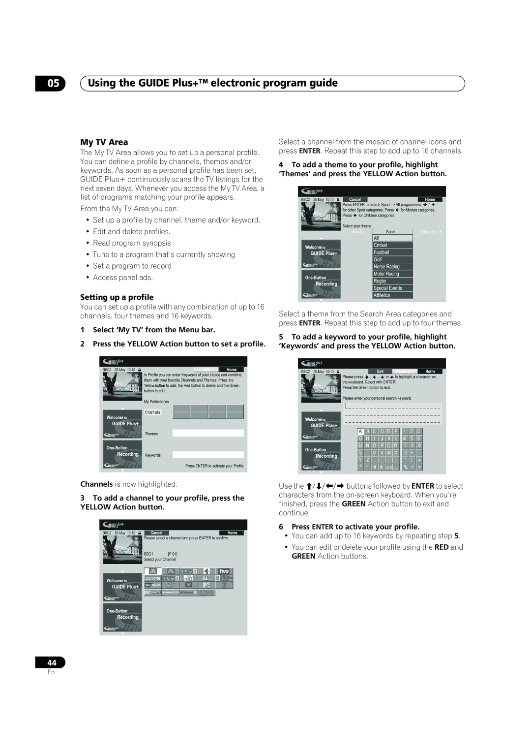 Pioneer DVR-920H My TV Area, Setting up a profile, Channels is now highlighted, Press Enter to activate your profile 