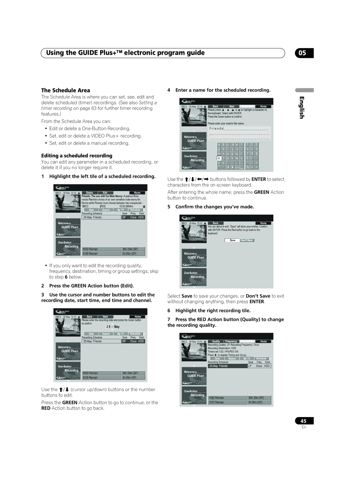 Pioneer DVR-920H operating instructions Schedule Area, Editing a scheduled recording 