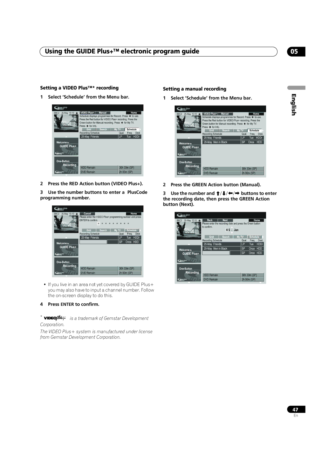 Pioneer DVR-920H Setting a Video Plus* recording Setting a manual recording, Select ‘Schedule’ from the Menu bar 