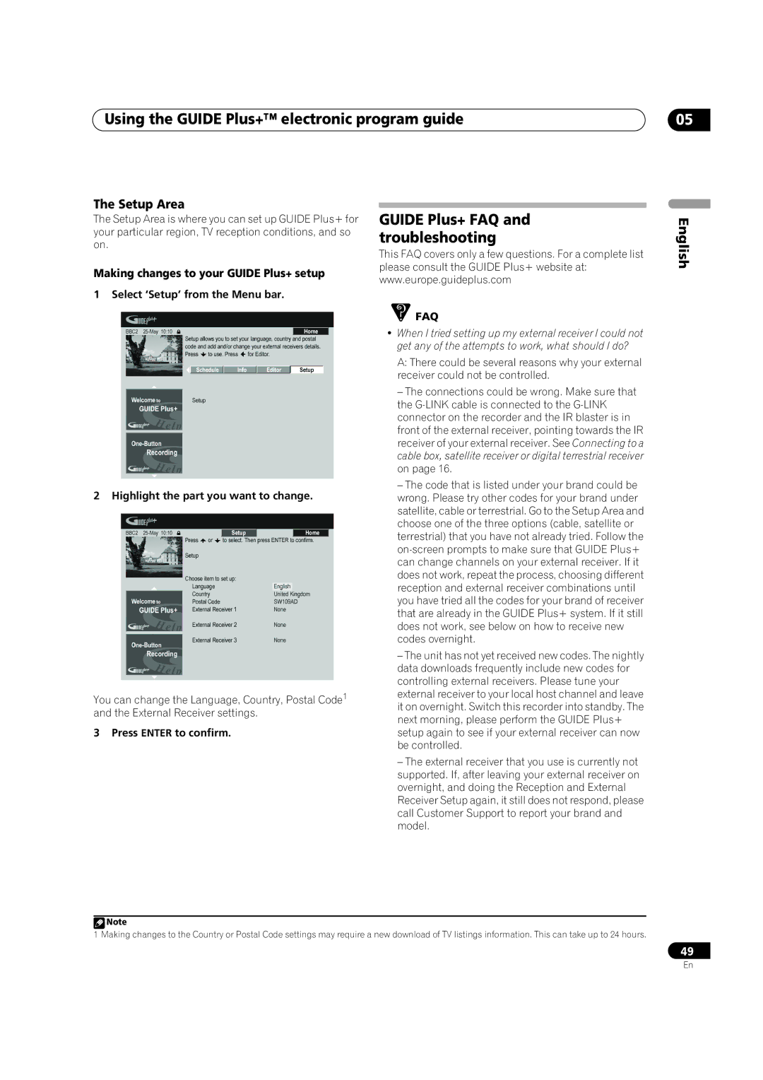 Pioneer DVR-920H Guide Plus+ FAQ and troubleshooting, Setup Area, Making changes to your Guide Plus+ setup, Faq 