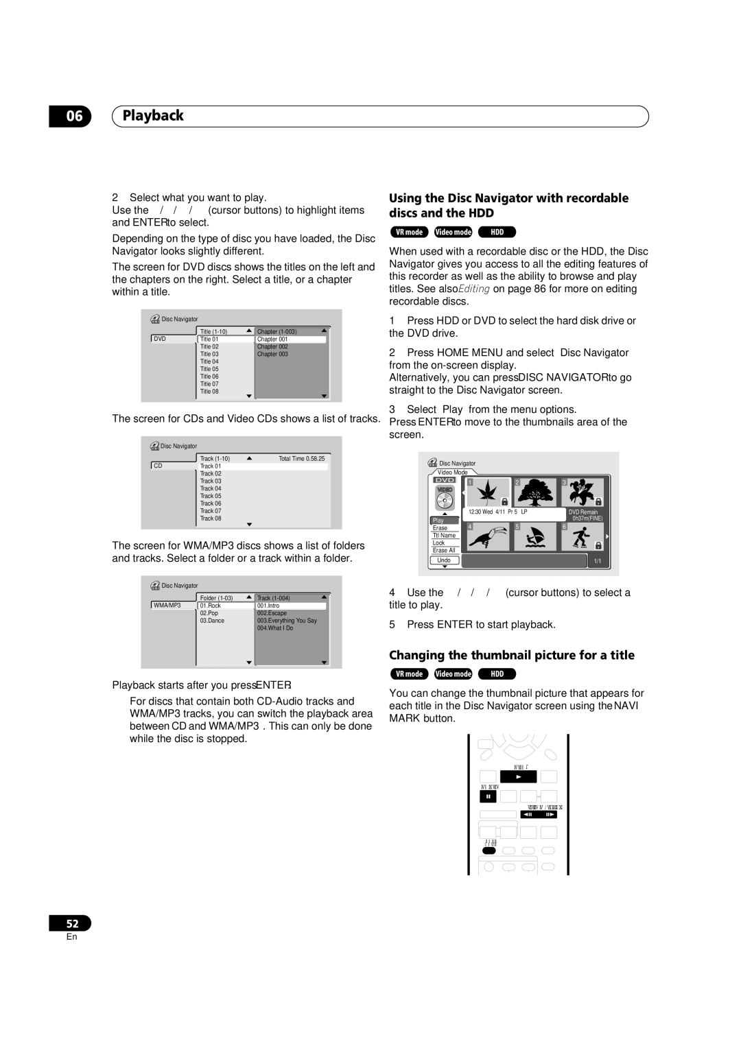 Pioneer DVR-920H operating instructions Playback, Using the Disc Navigator with recordable discs and the HDD 