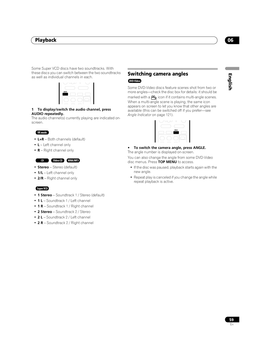 Pioneer DVR-920H Switching camera angles, To display/switch the audio channel, press Audio repeatedly 