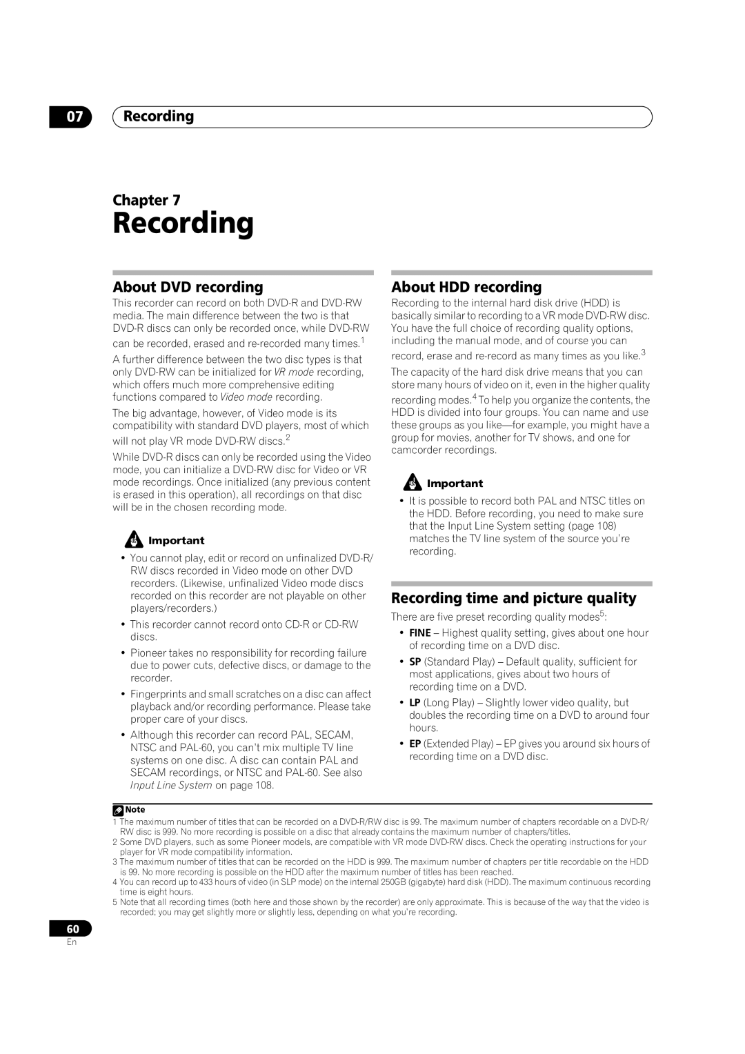 Pioneer DVR-920H operating instructions Recording Chapter, About DVD recording, Recording time and picture quality 