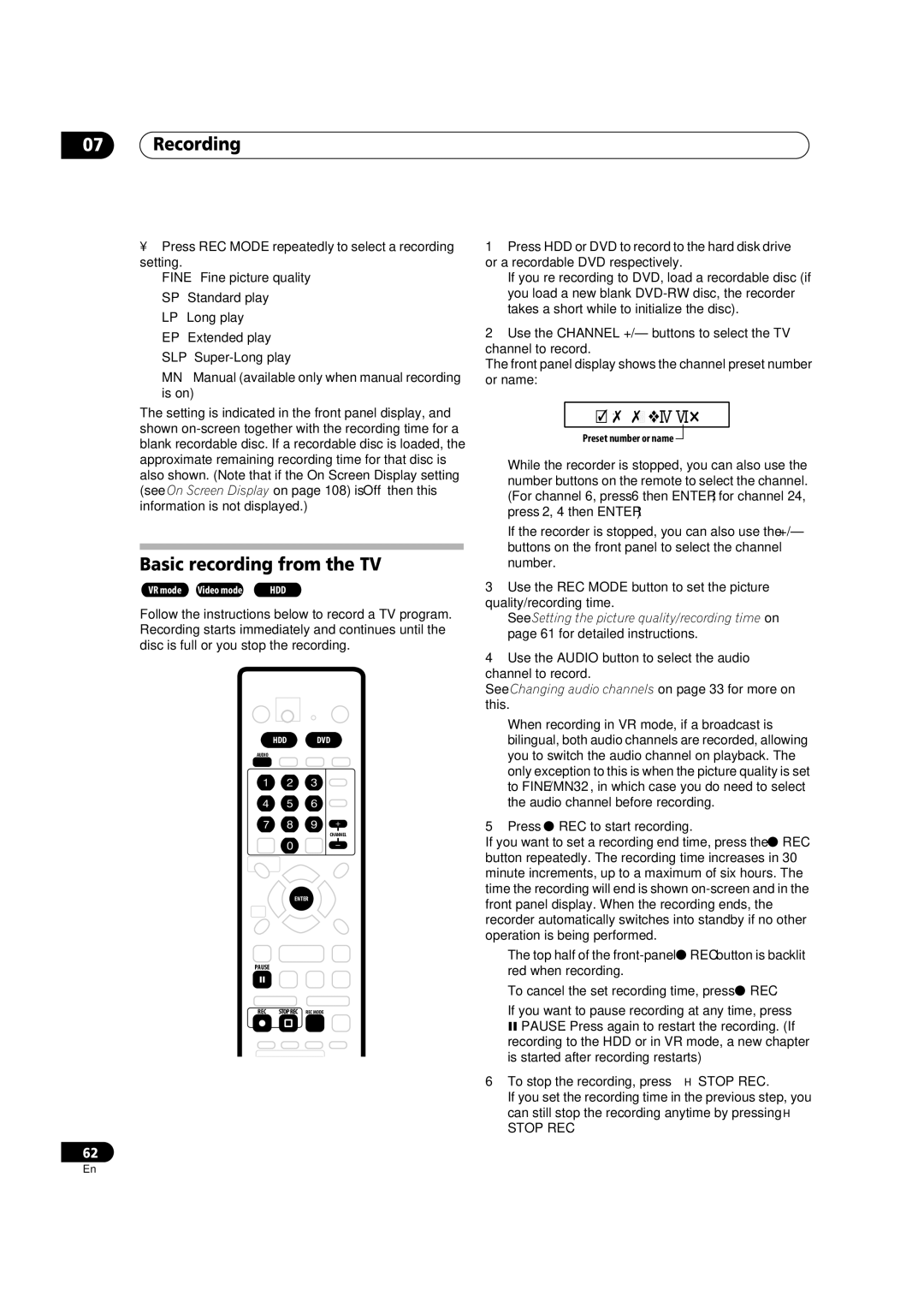 Pioneer DVR-920H Basic recording from the TV, Press REC Mode repeatedly to select a recording setting 