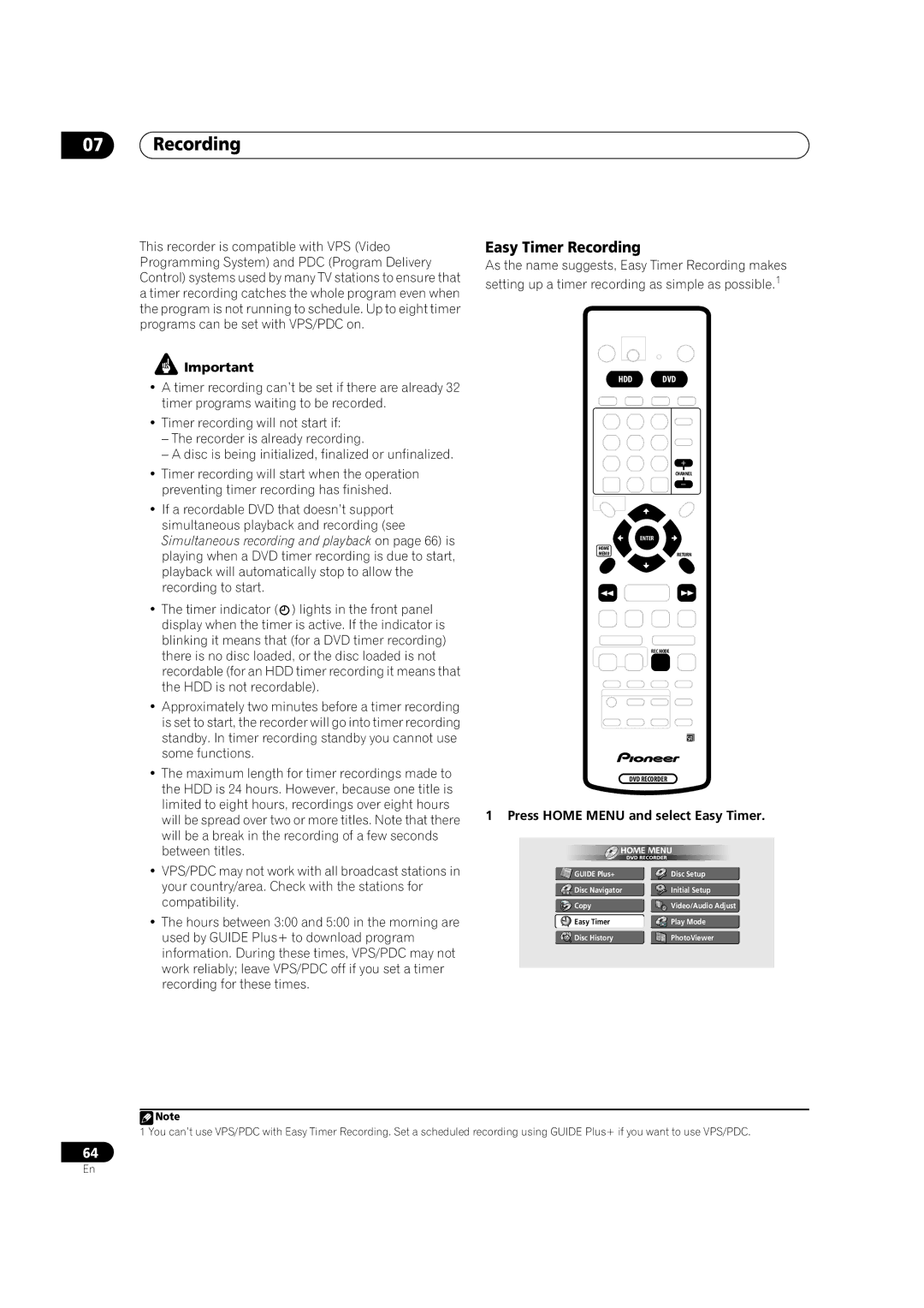 Pioneer DVR-920H operating instructions Easy Timer Recording, Press Home Menu and select Easy Timer 