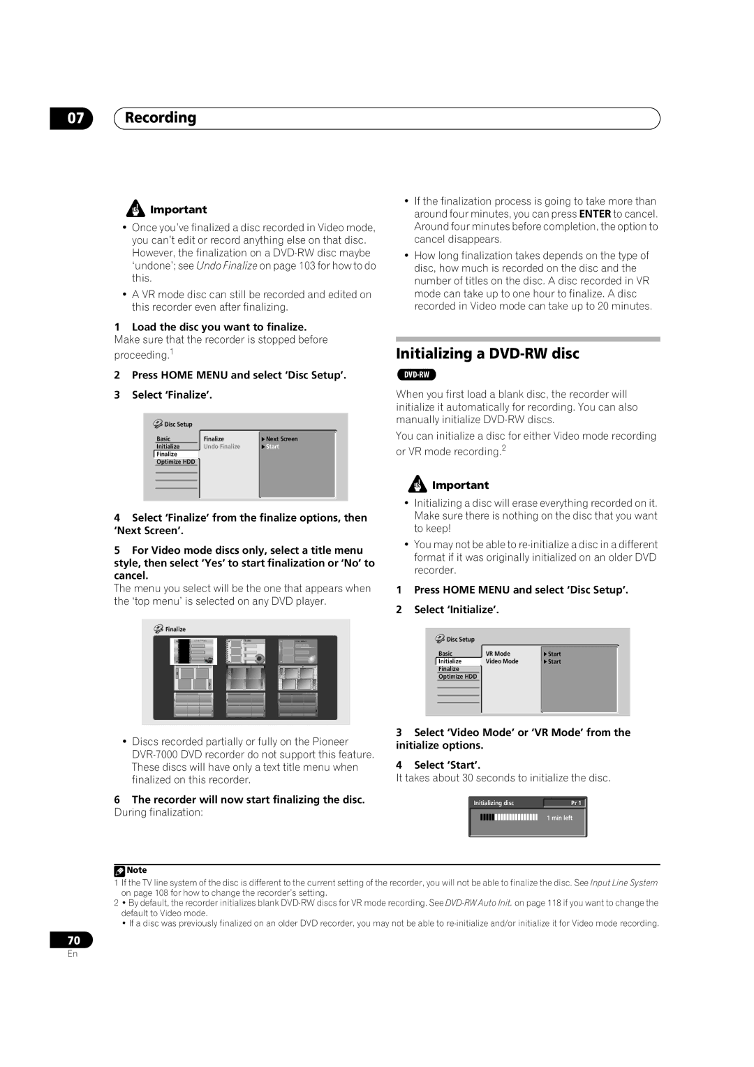 Pioneer DVR-920H Initializing a DVD-RW disc, Press Home Menu and select ‘Disc Setup’ Select ‘Initialize’ 