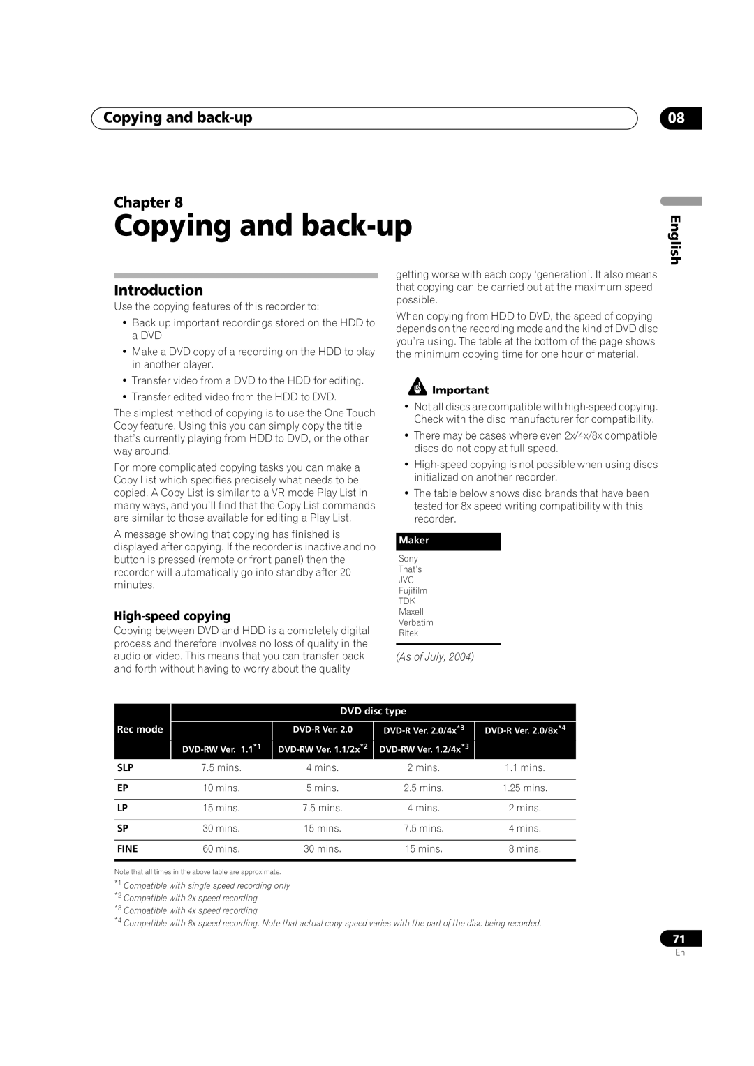 Pioneer DVR-920H operating instructions Copying and back-up Chapter, High-speed copying 