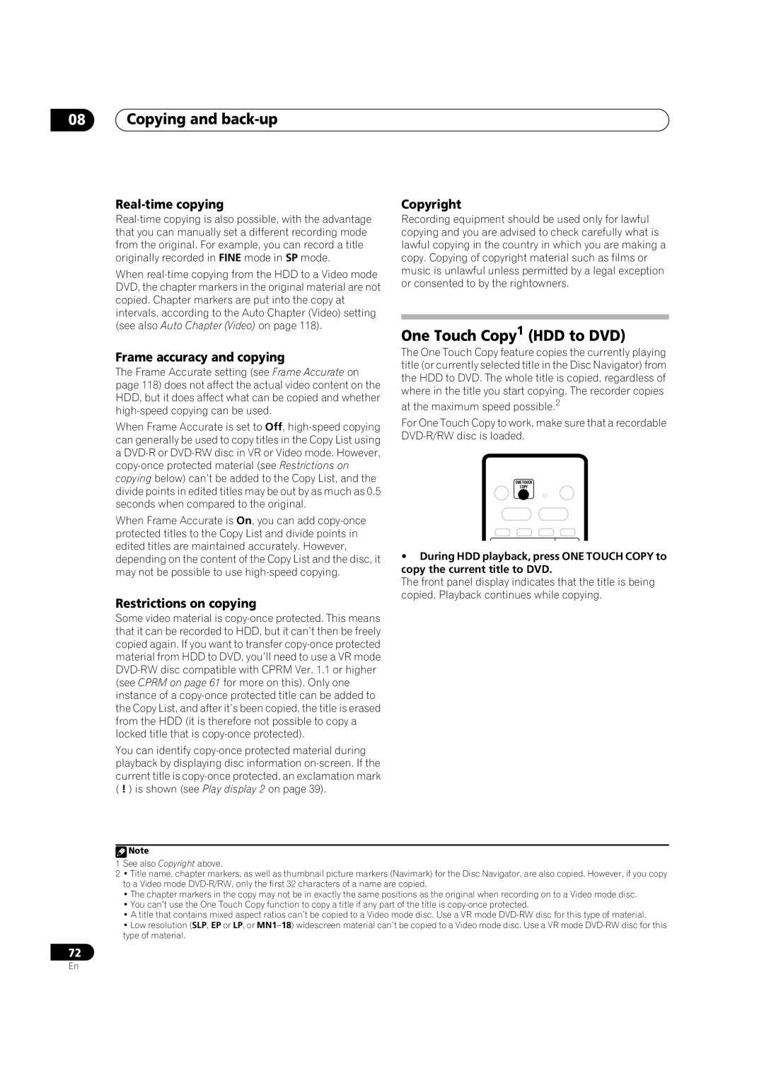 Pioneer DVR-920H operating instructions Copying and back-up, One Touch Copy1 HDD to DVD 