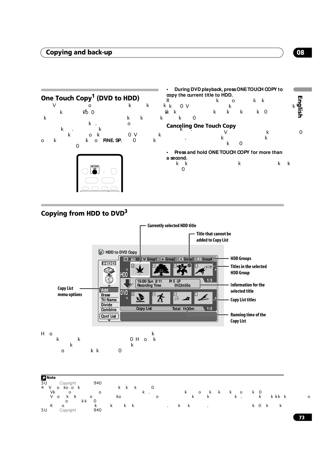 Pioneer DVR-920H Copying and back-up One Touch Copy1 DVD to HDD, Copying from HDD to DVD3, Canceling One Touch Copy 