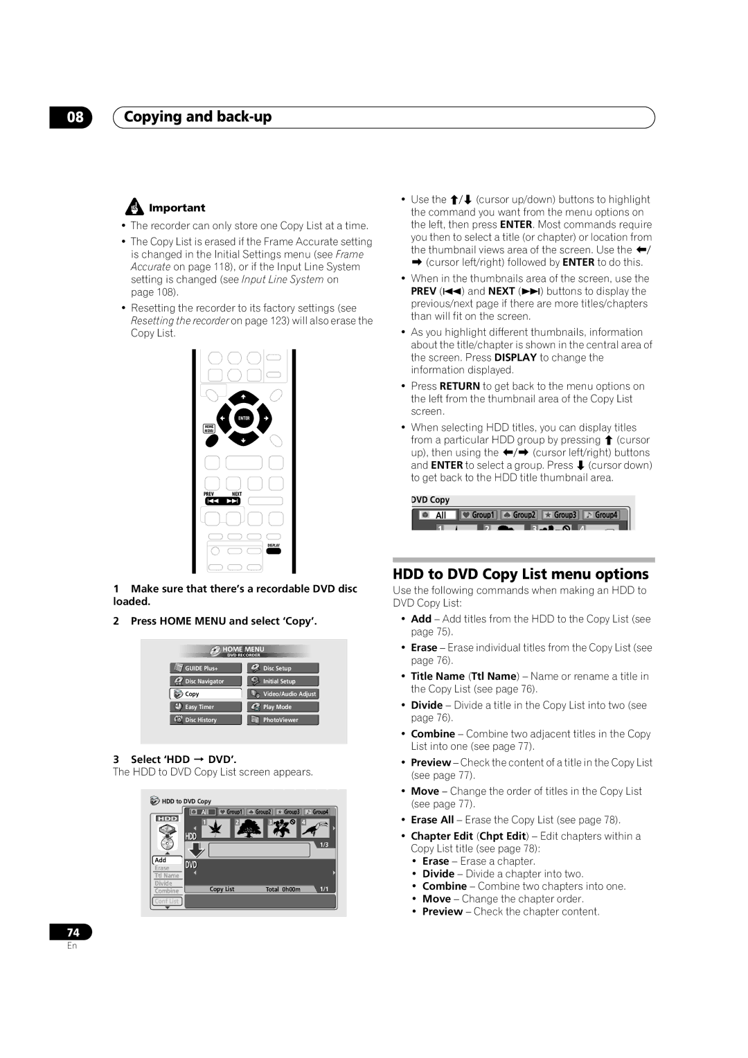 Pioneer DVR-920H HDD to DVD Copy List menu options, Select ‘HDD DVD’, HDD to DVD Copy List screen appears 