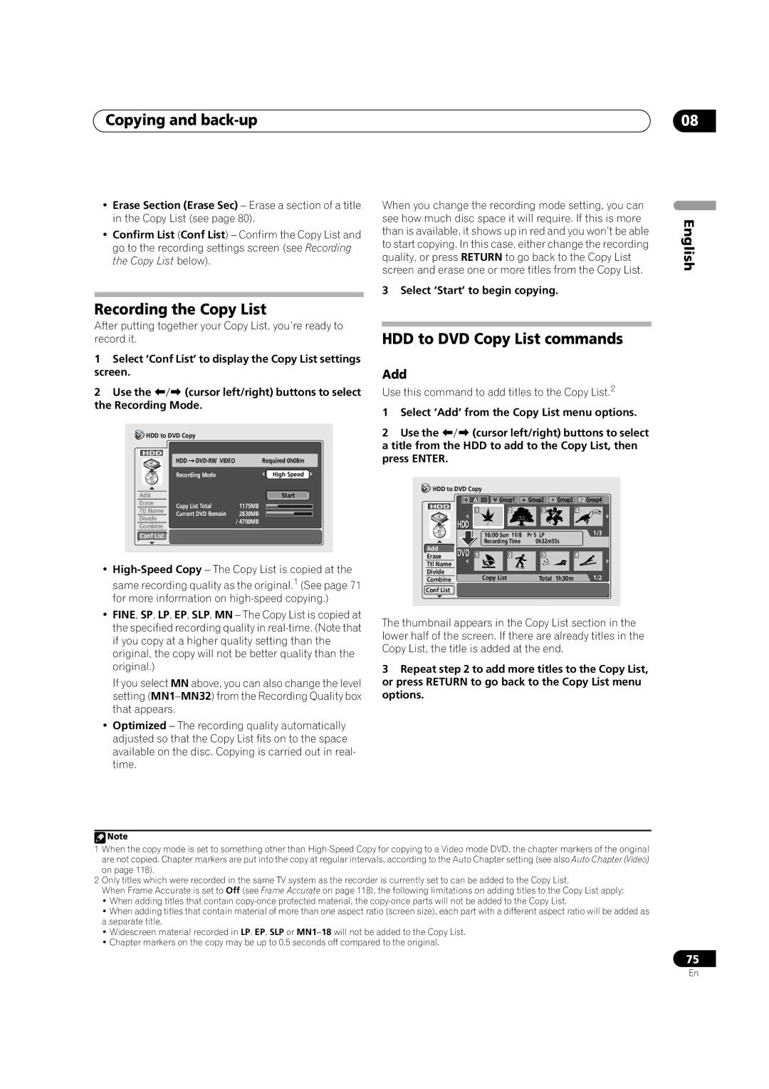 Pioneer DVR-920H Recording the Copy List, HDD to DVD Copy List commands, Add, Select ‘Start’ to begin copying 