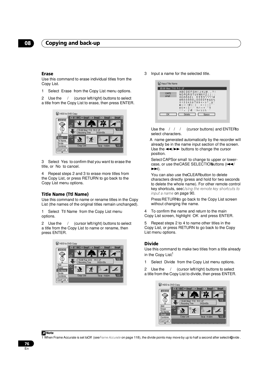 Pioneer DVR-920H operating instructions Title Name Ttl Name, Divide, Select ‘Erase’ from the Copy List menu options 