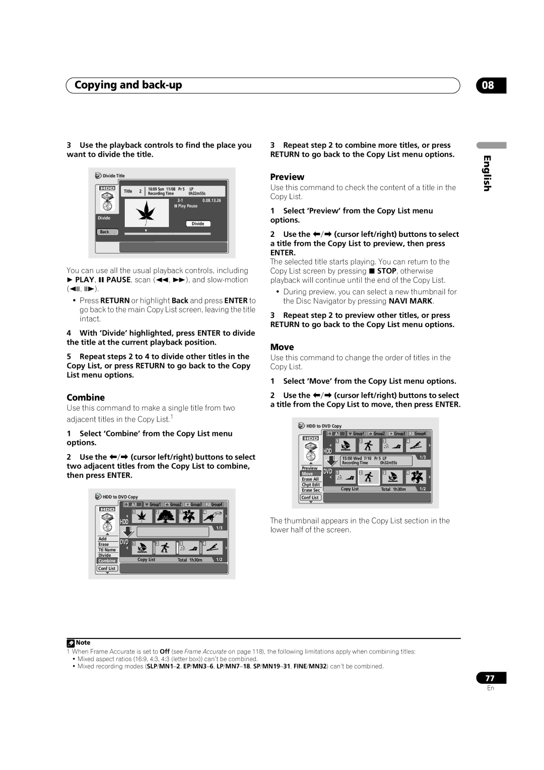 Pioneer DVR-920H operating instructions Preview, Combine, Move, English 