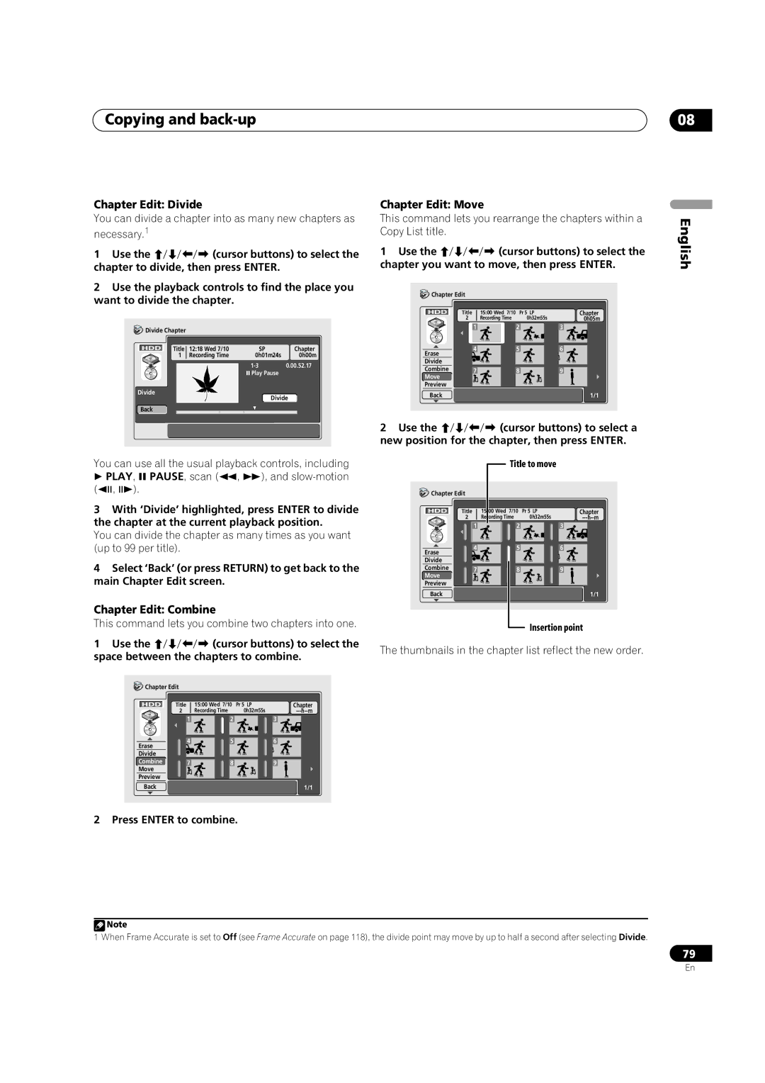 Pioneer DVR-920H Chapter Edit Divide, Chapter Edit Move, Chapter Edit Combine, Use Cursor buttons to select a 