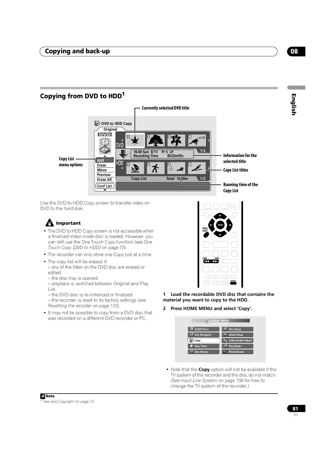 Pioneer DVR-920H operating instructions Copying and back-up Copying from DVD to HDD1, Currently selected DVD title 