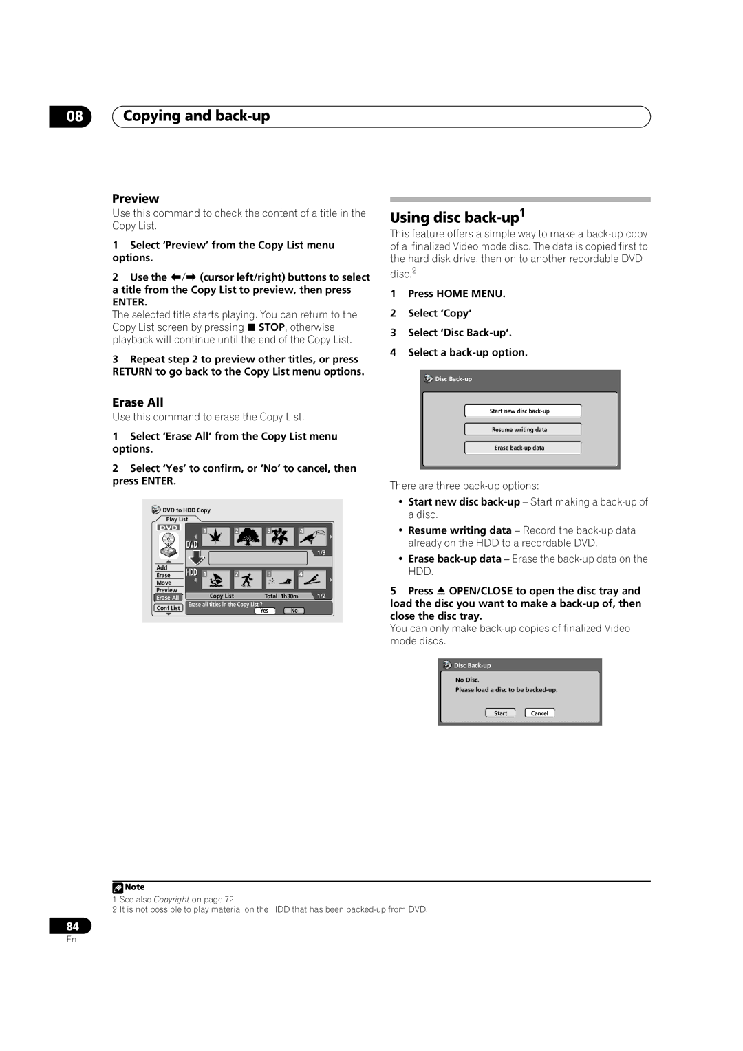 Pioneer DVR-920H operating instructions Using disc back-up1, Preview 