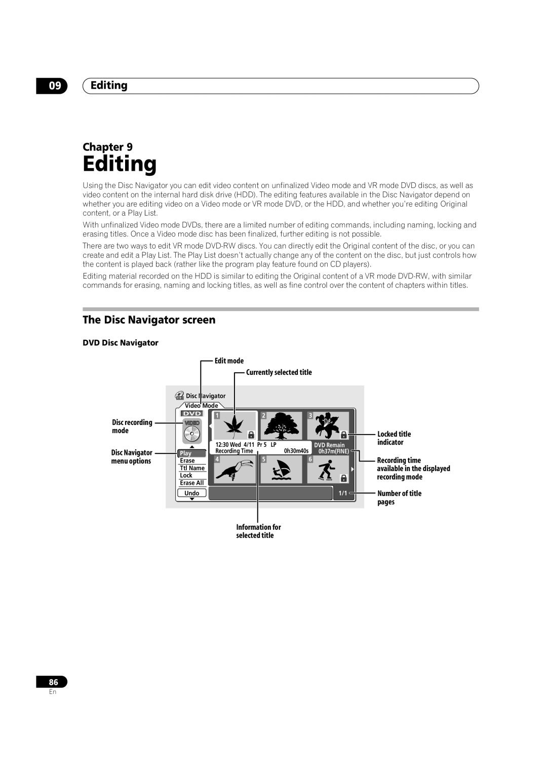 Pioneer DVR-920H operating instructions Editing Chapter, Disc Navigator screen 