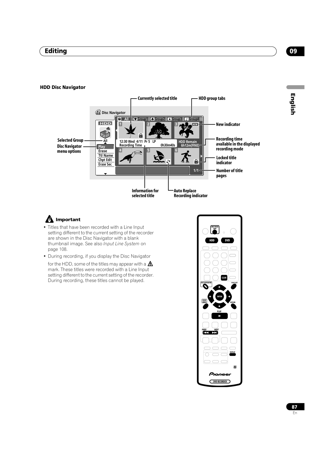 Pioneer DVR-920H operating instructions Editing, HDD Disc Navigator, HDD group tabs, New indicator, Information for 