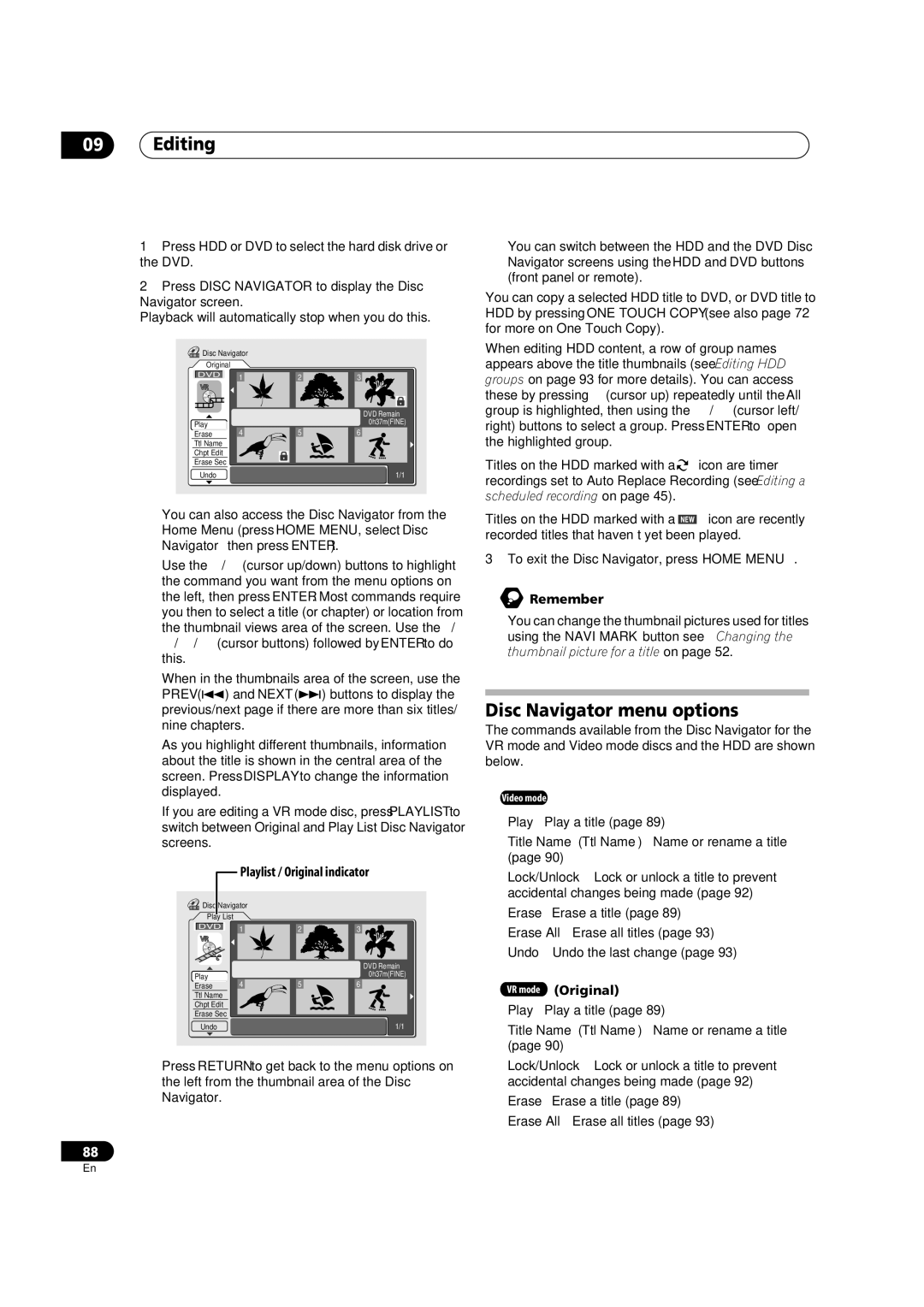 Pioneer DVR-920H operating instructions Disc Navigator menu options, Playlist / Original indicator, VR mode Original 