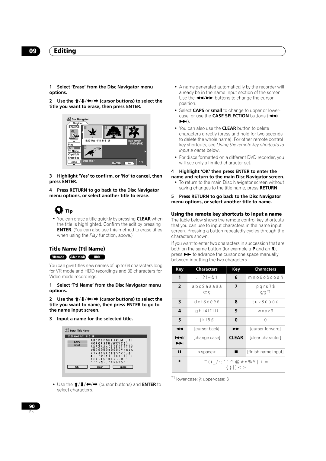 Pioneer DVR-920H operating instructions Using the remote key shortcuts to input a name, Key Characters 