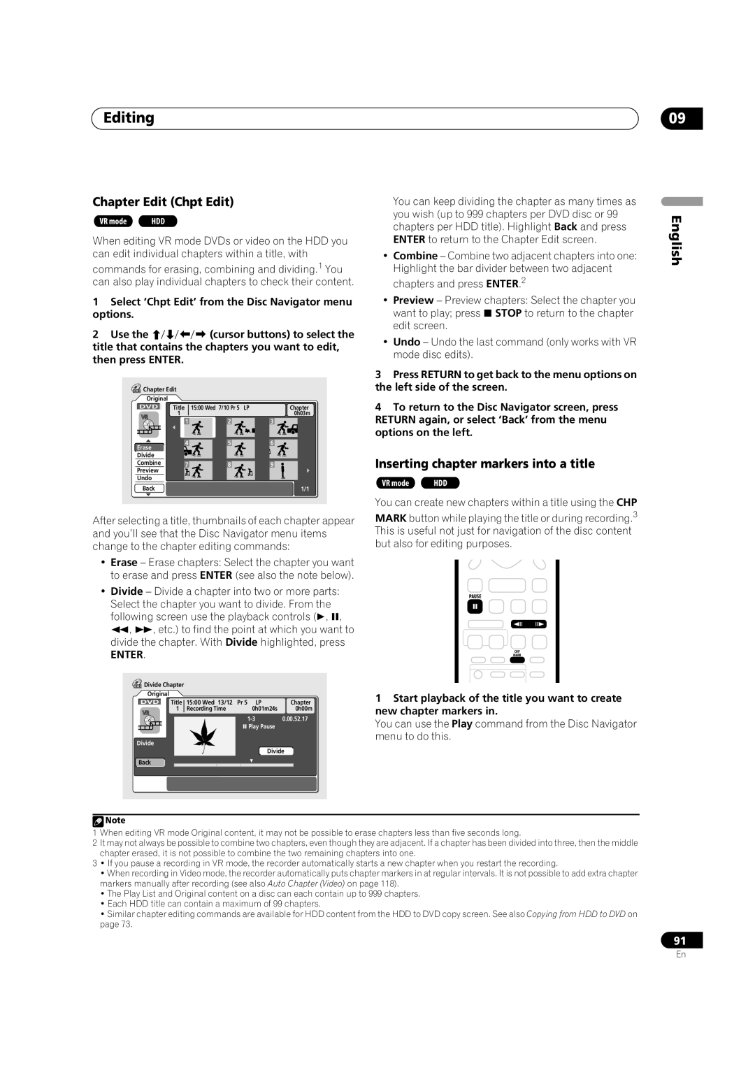 Pioneer DVR-920H operating instructions Chapter Edit Chpt Edit, Inserting chapter markers into a title 