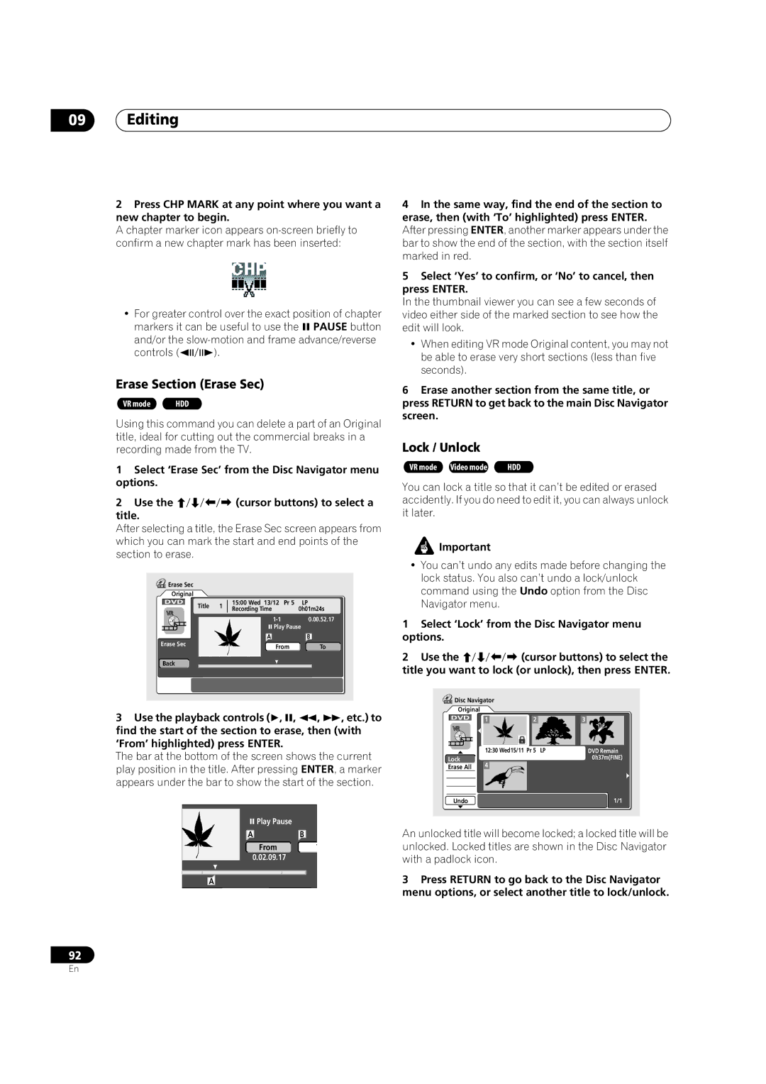 Pioneer DVR-920H operating instructions Lock / Unlock, Select ‘Erase Sec’ from the Disc Navigator menu options Use, Title 