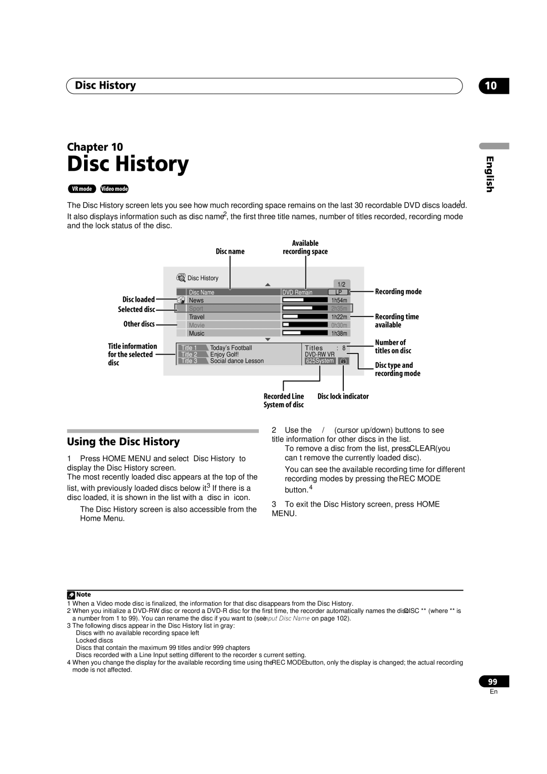 Pioneer DVR-920H operating instructions Disc History Chapter, Using the Disc History 