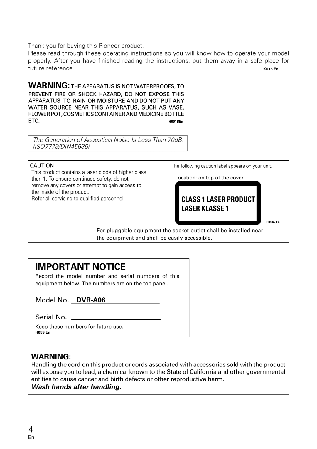 Pioneer DVR-A06 manual Important Notice, Class 1 Laser Product Laser Klasse 