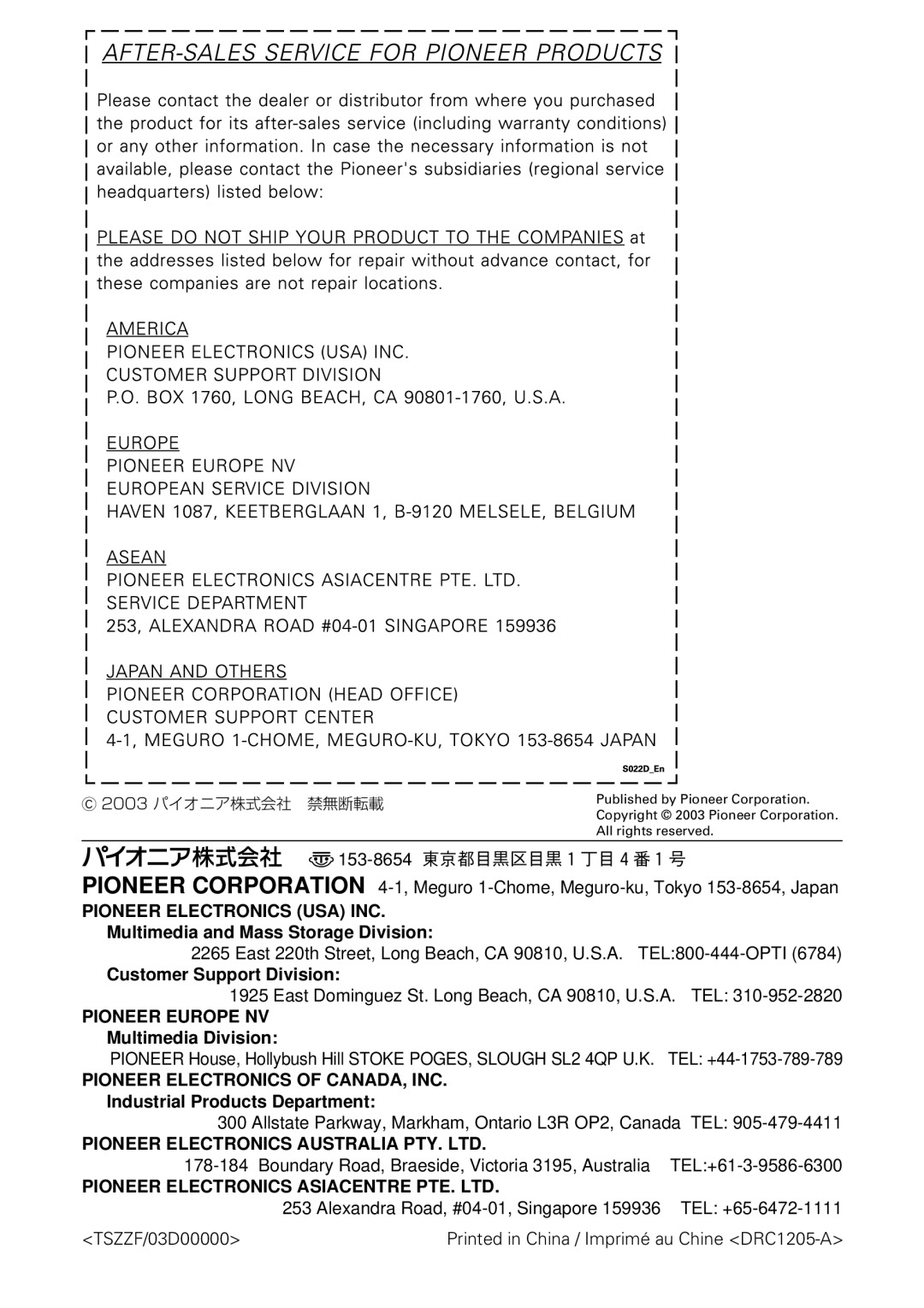 Pioneer DVR-A06 manual Multimedia and Mass Storage Division, Customer Support Division, Multimedia Division 