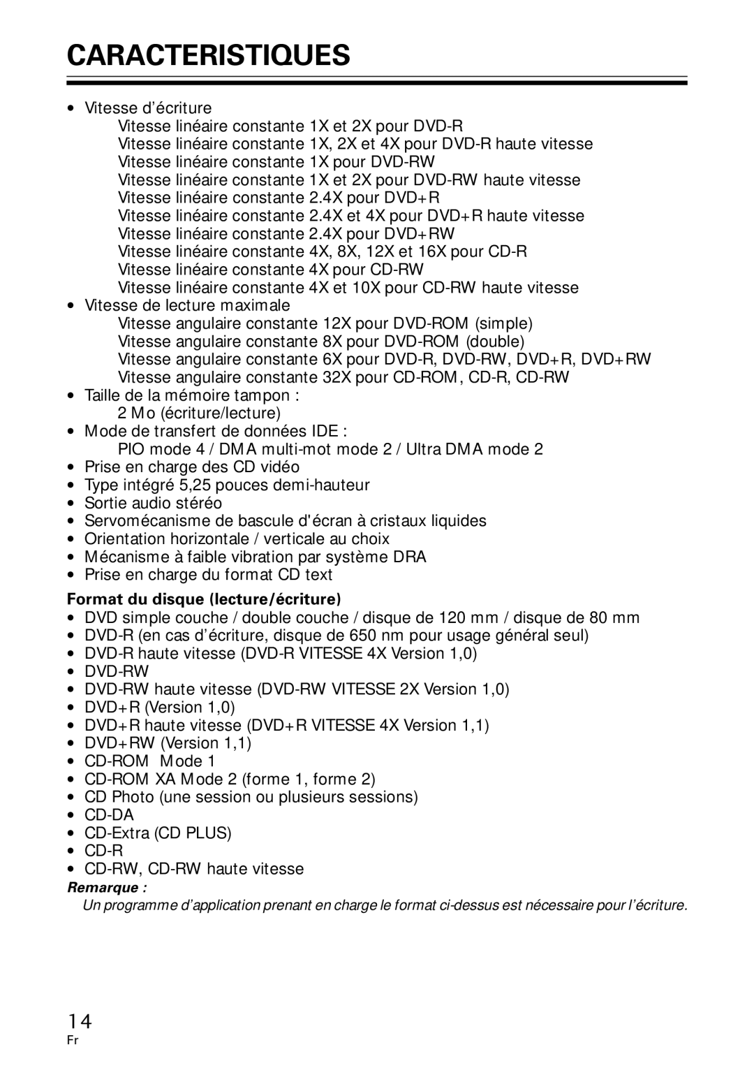 Pioneer DVR-A06U operating instructions Caracteristiques, Format du disque lecture/écriture 