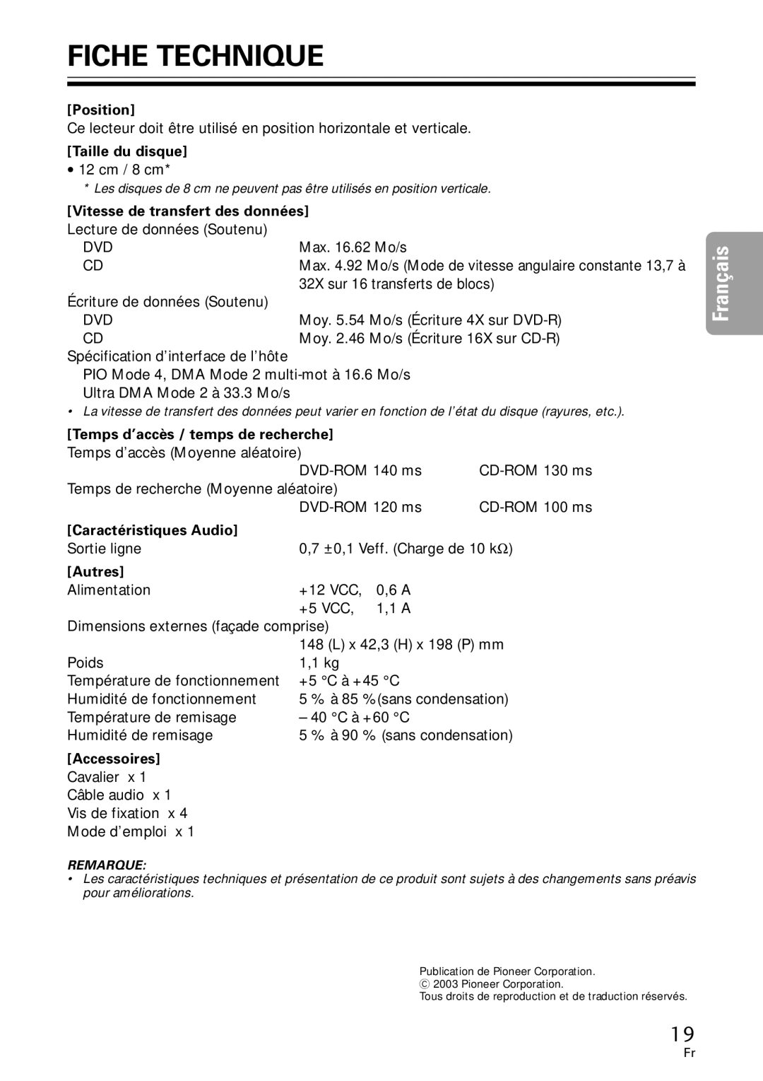 Pioneer DVR-A06U operating instructions Fiche Technique 