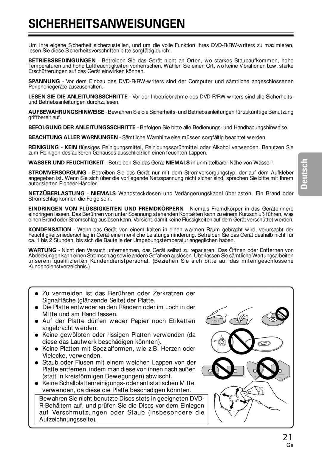 Pioneer DVR-A06U operating instructions Sicherheitsanweisungen 