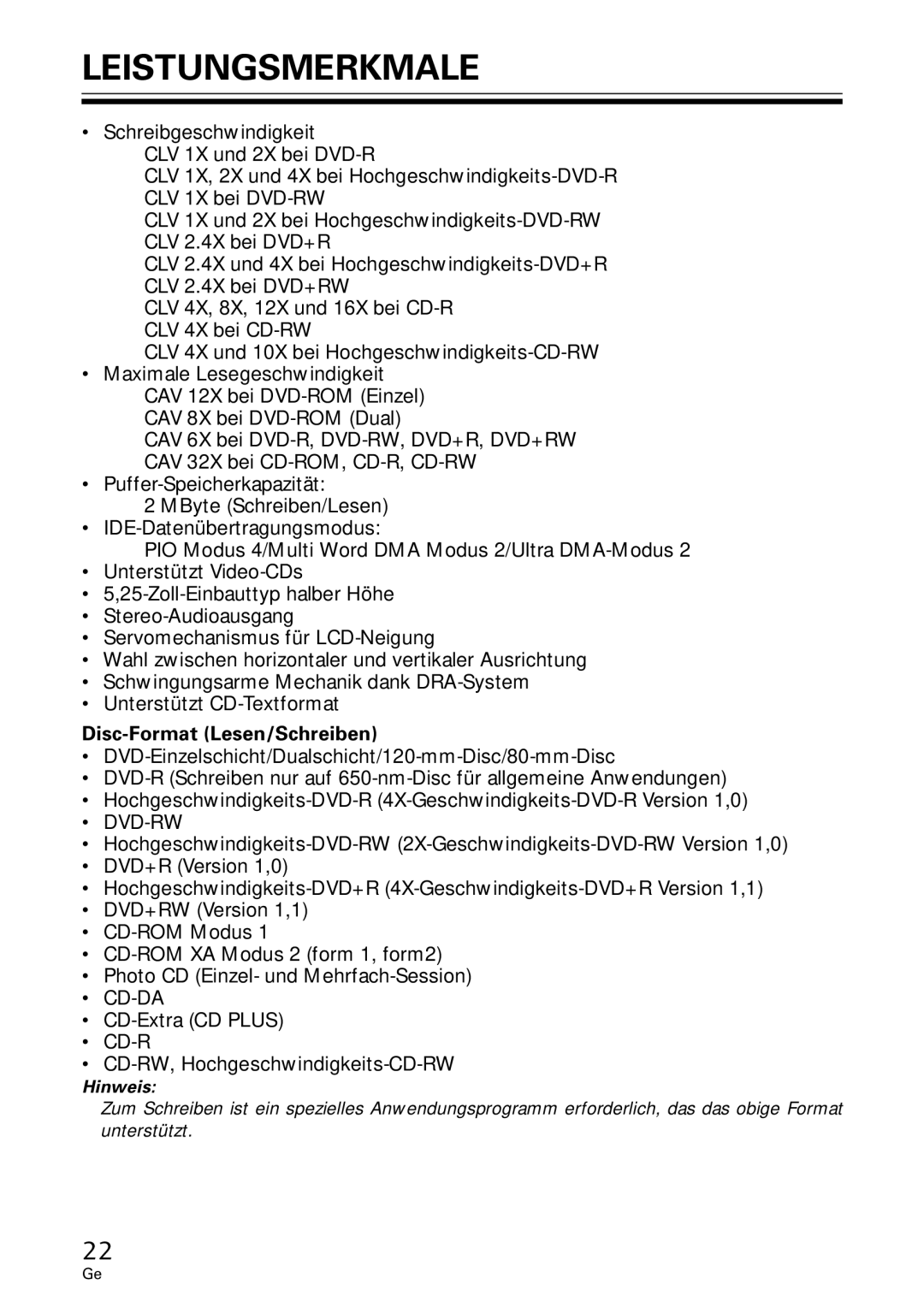 Pioneer DVR-A06U operating instructions Leistungsmerkmale, Disc-Format Lesen/Schreiben 