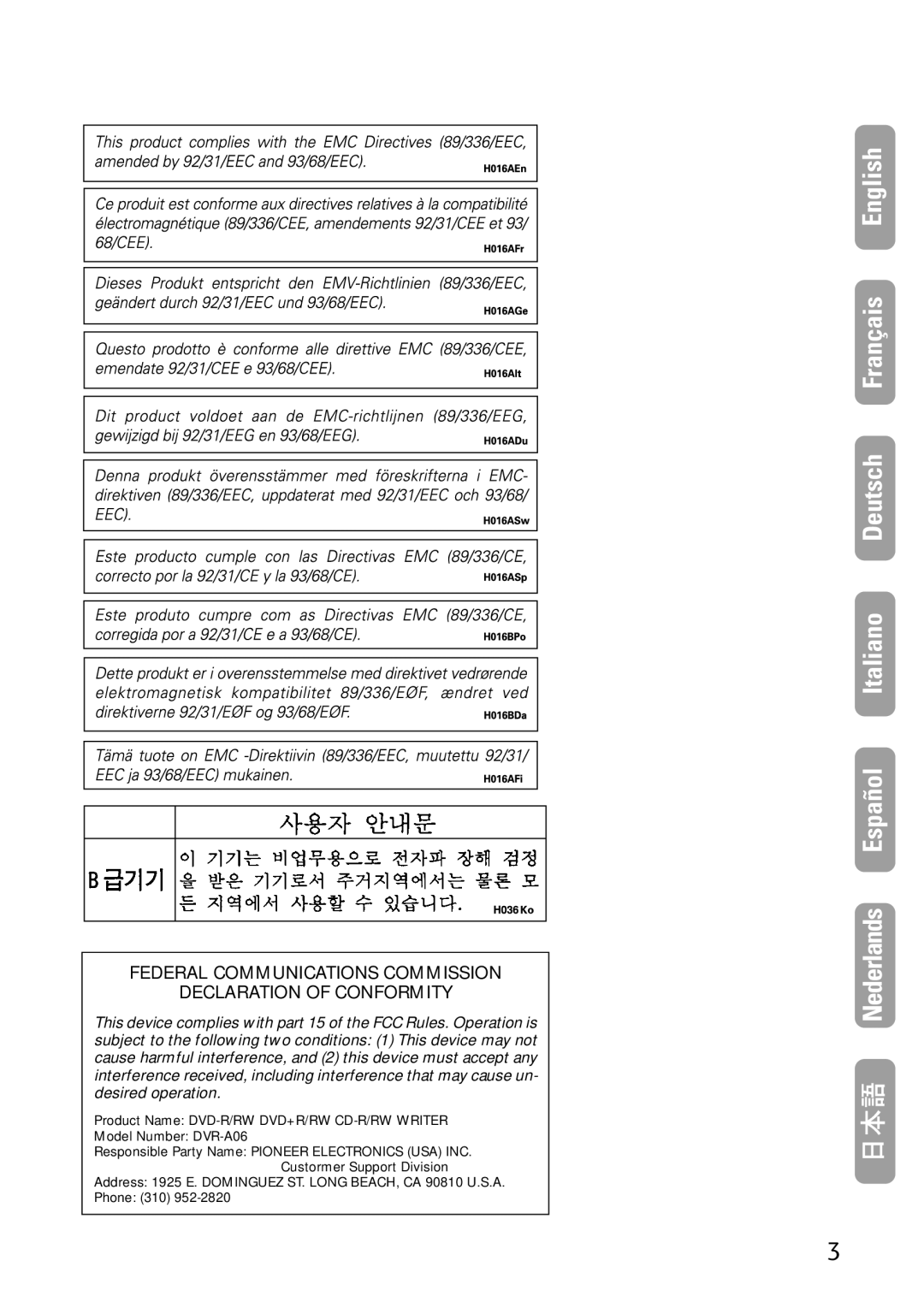 Pioneer DVR-A06U operating instructions English Français Deutsch Italiano Español Nederlands 