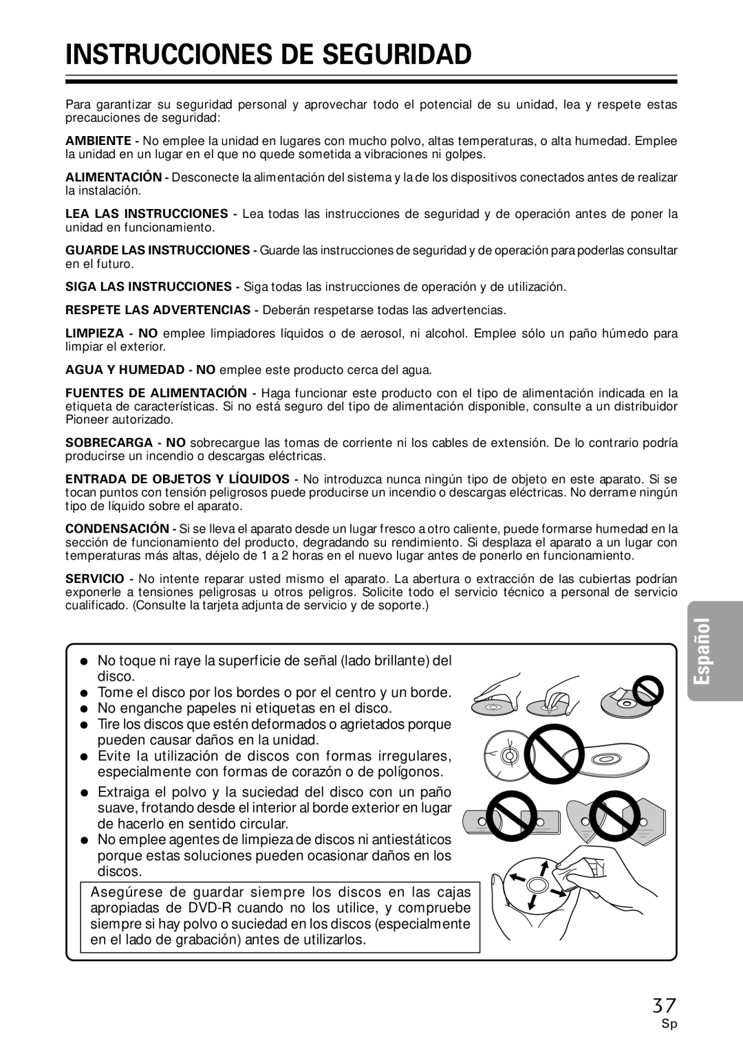 Pioneer DVR-A06U operating instructions Instrucciones DE Seguridad, De hacerlo en sentido circular 